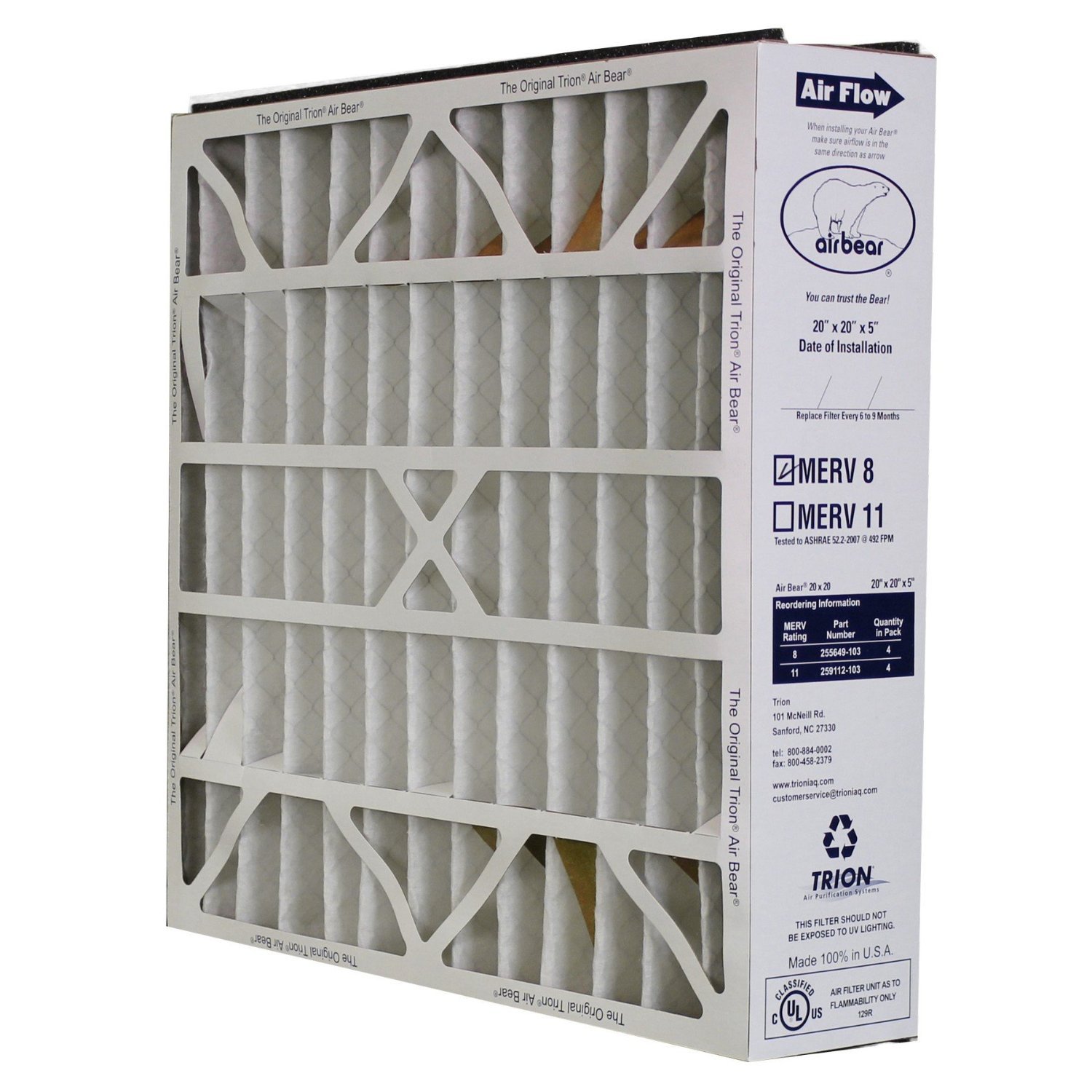 Trion 255649-103 Air Purifier Filter, 20" x 20" x 5", Bear Series - MERV 8