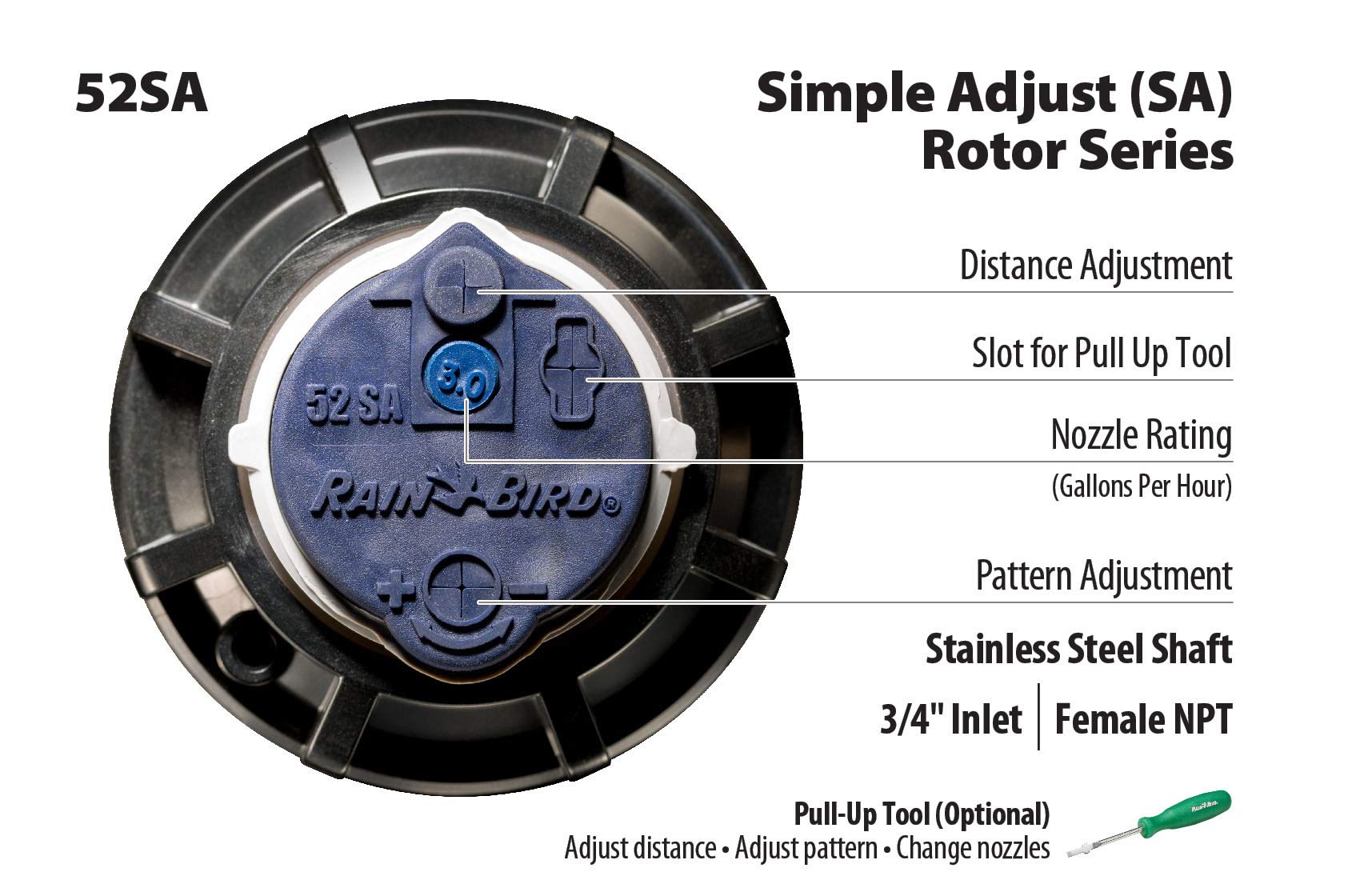 Rain Bird 52SA Simple Adjust Stainless-Steel Gear Drive Rotor, Adjustable 40° - 360° Pattern, 25' - 50' Spray Distance