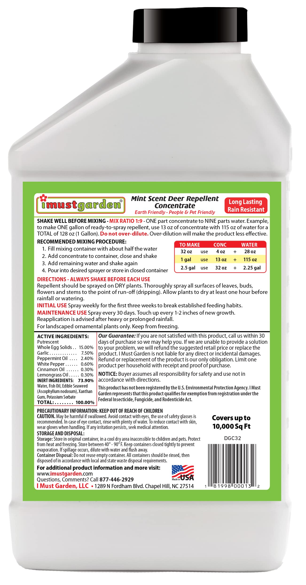 I Must Garden Deer Repellent Concentrate – 32oz: Mint Scent Deer Spray for Plants – Natural Ingredients - Makes 2.5 Gallons & Covers 10,000 sq ft