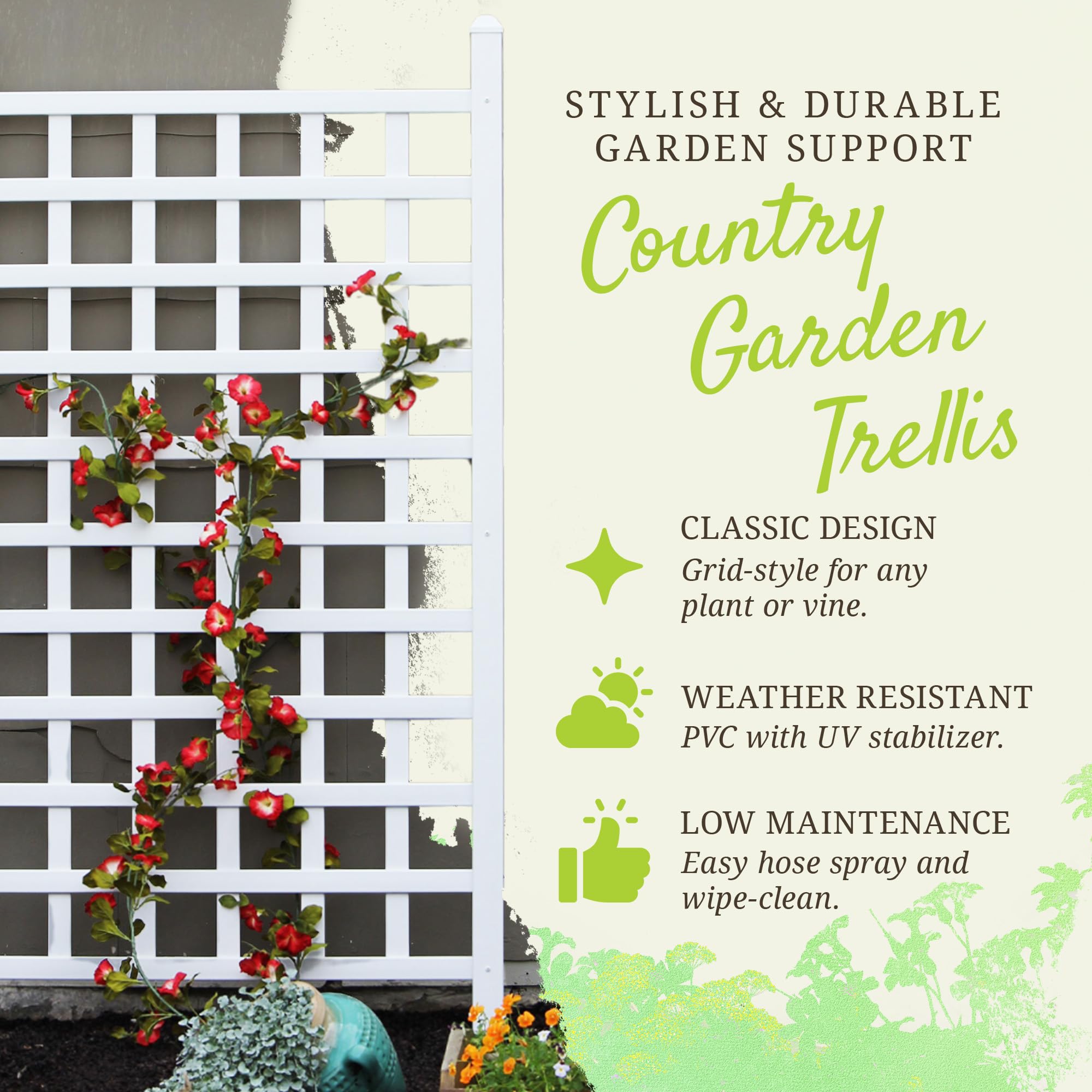 Dura-Trel Country Garden 35 by 66 Inch Indoor Outdoor Garden Trellis Plant Support for Vines and Climbing Plants, Flowers, and Vegetables, White