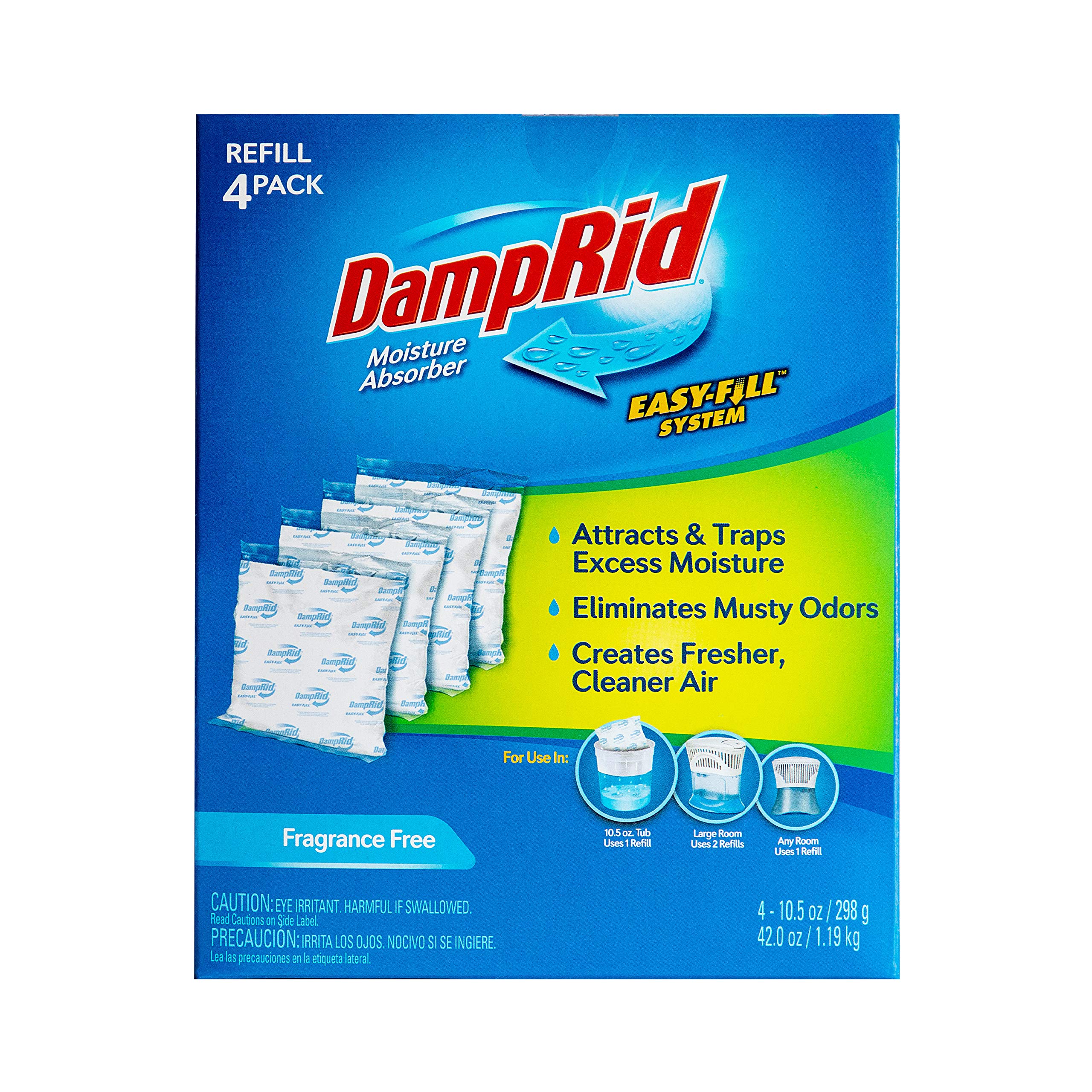 DampRid 10.5 oz Fragrance Free Absorber Easy Fill Refill Packs-4 Count – Attracts & Traps Moisture for Fresher, Cleaner Air, Blue/White