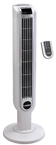 Lasko Portable 36" Oscillating 3-Speed Tower Fan with Remote Control and Timer for Bedroom and Home Office, White, 2510