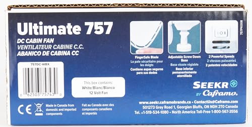 SEEKR Ultimate™ Fan from by Caframo. Grill-free, whisper-quiet 12V fan with shock-absorbing FingerSafe™ blades, 2-speeds, direct wire connection. Made in Canada. White.