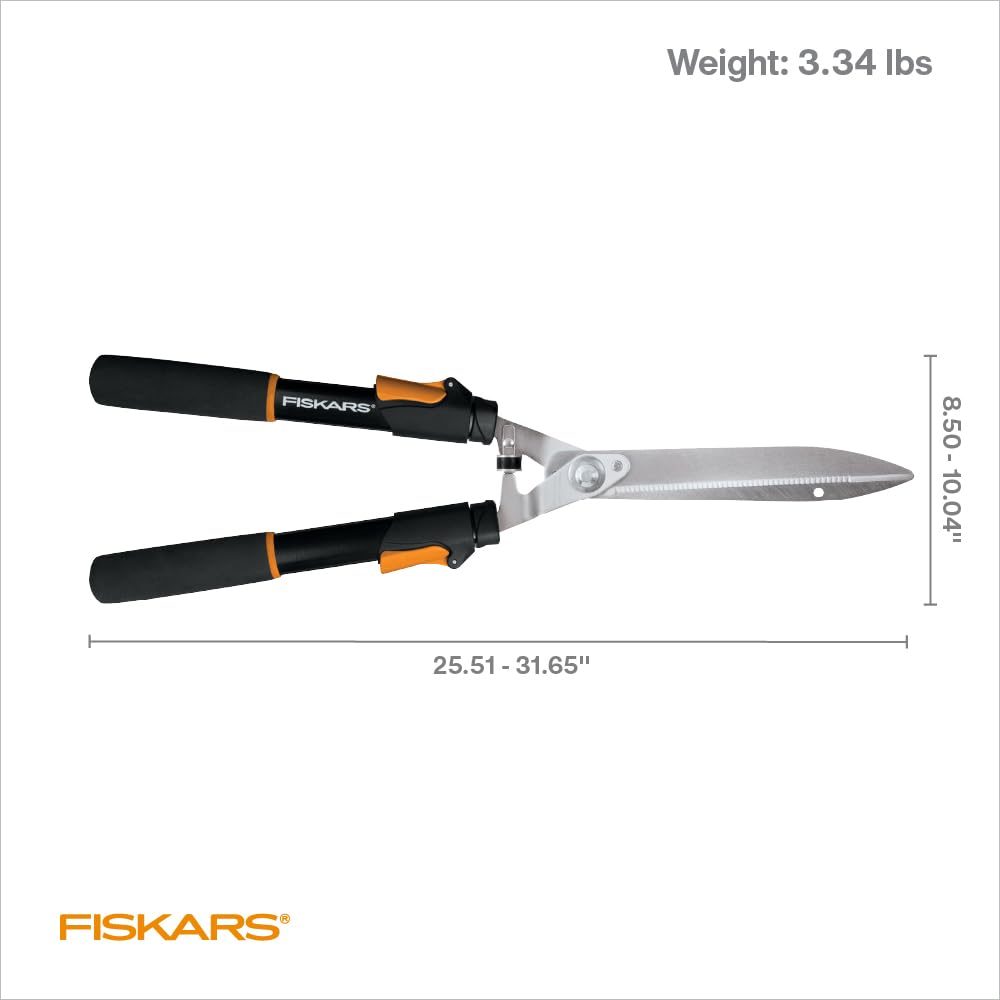 Fiskars Power-Lever Hedge Shears - 25"-33" Extendable Handle - Plant Cutting Scissors - Yard and Garden Tools - Orange/Black (packaging may vary)