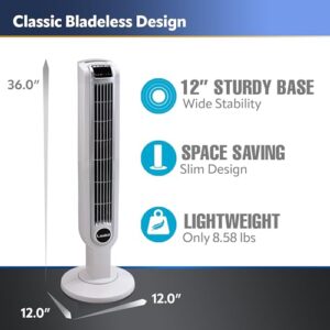 Lasko Portable 36" Oscillating 3-Speed Tower Fan with Remote Control and Timer for Bedroom and Home Office, White, 2510