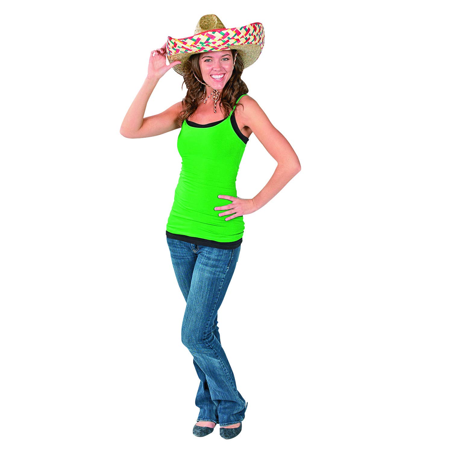 Fun Express 12 Pieces Sombreros Straw Hats with Drawstring for Adults - 24 Inch Brim - Authentic Mexican Style Brown