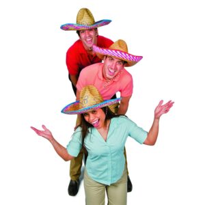 Fun Express 12 Pieces Sombreros Straw Hats with Drawstring for Adults - 24 Inch Brim - Authentic Mexican Style Brown