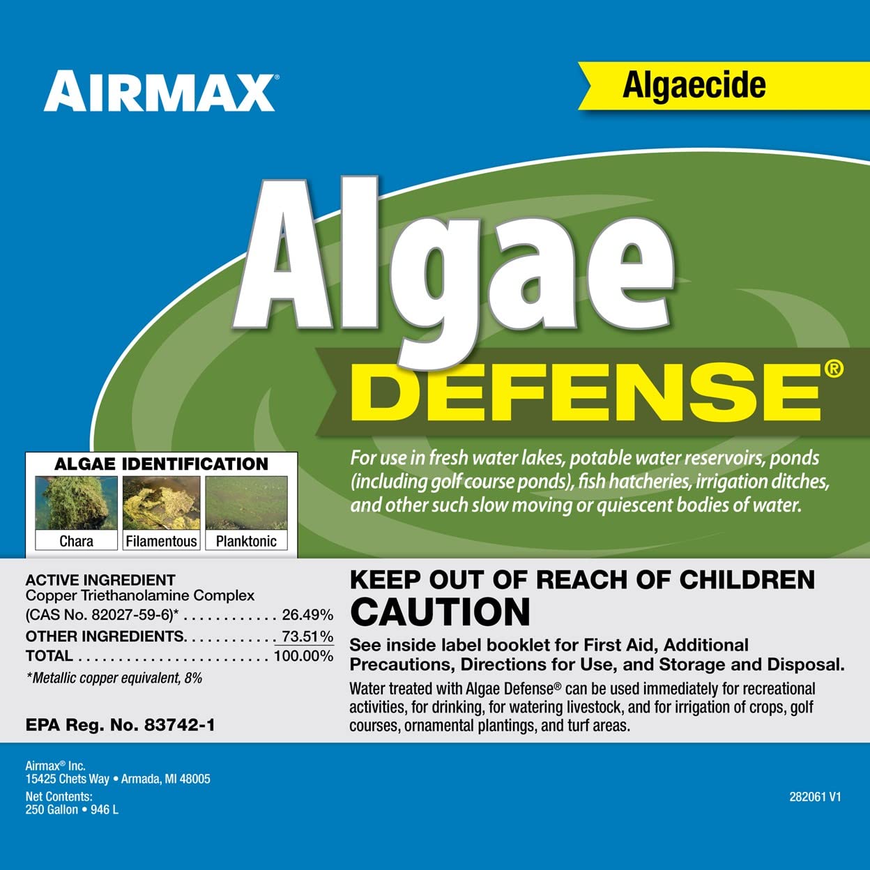 Airmax Algae Defense, EPA Registered Algaecide Pond & Lake Water Treatment, Floating Moss, Green Slime Scum & Chara Killer for Large Ponds & Lakes, Outdoor Liquid Spray Copper Based Solution, 1 Gallon