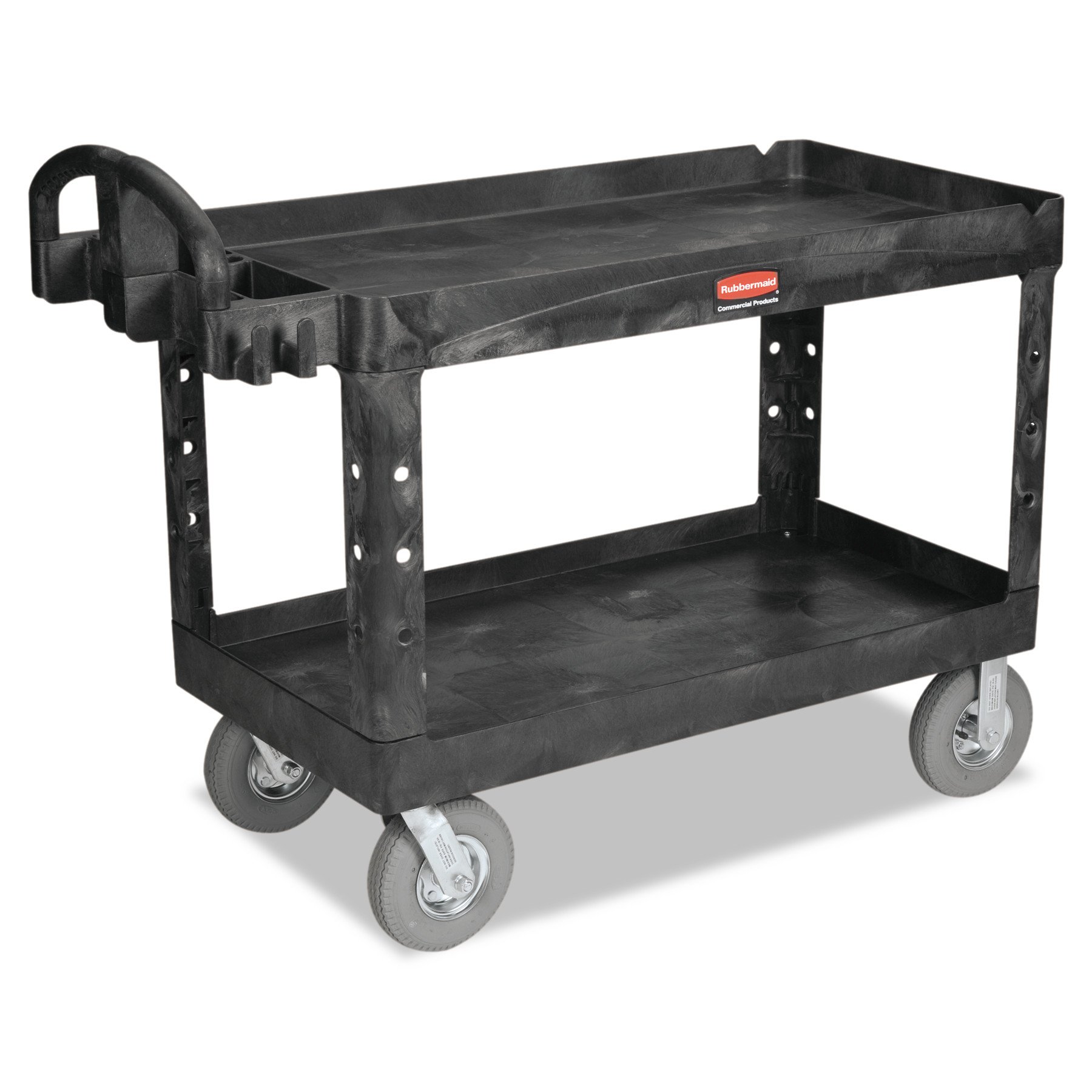 Rubbermaid Commercial Products BRUTE Heavy Duty 2-Shelf Utility/Service Cart, Pneumatic Casters, Medium, Lipped Shelves, Ergonomic Handle, 750 lb Capacity, Black, for Warehouse/Garage/Cleaning/Office