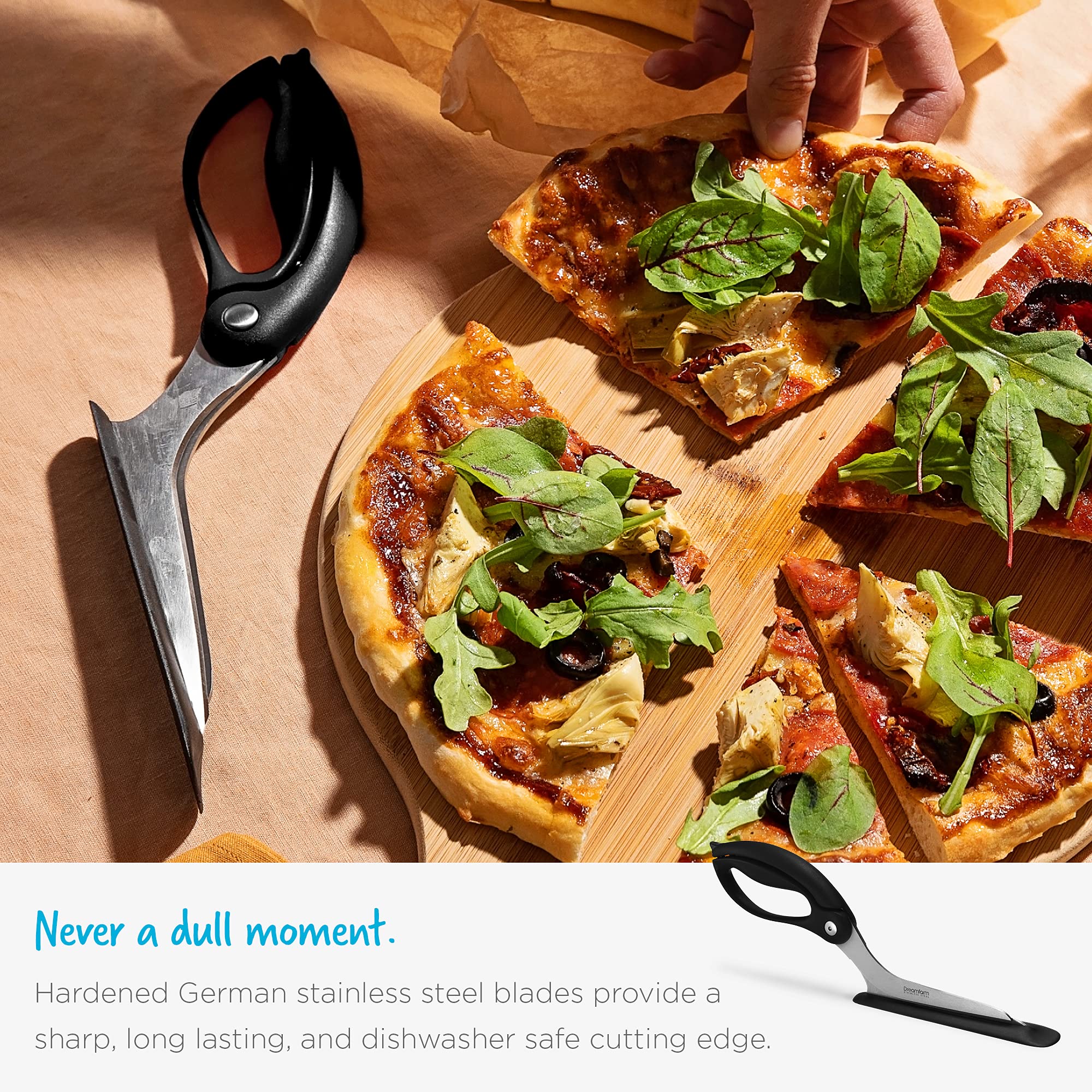 Dreamfarm Scizza 2-In-1 Easy Ergonomic Pizza Scissors with Stainless Steel Pizza Cutter Blades & Non-Stick Slice Server - Black