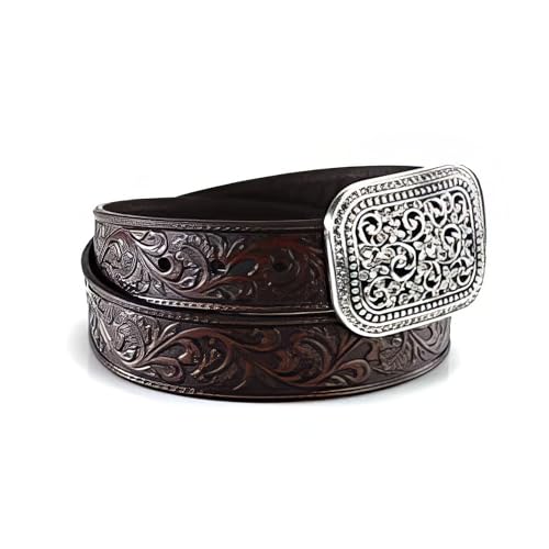 Ariat Women's Scroll Embossed Buckle Belt, Brown, Medium