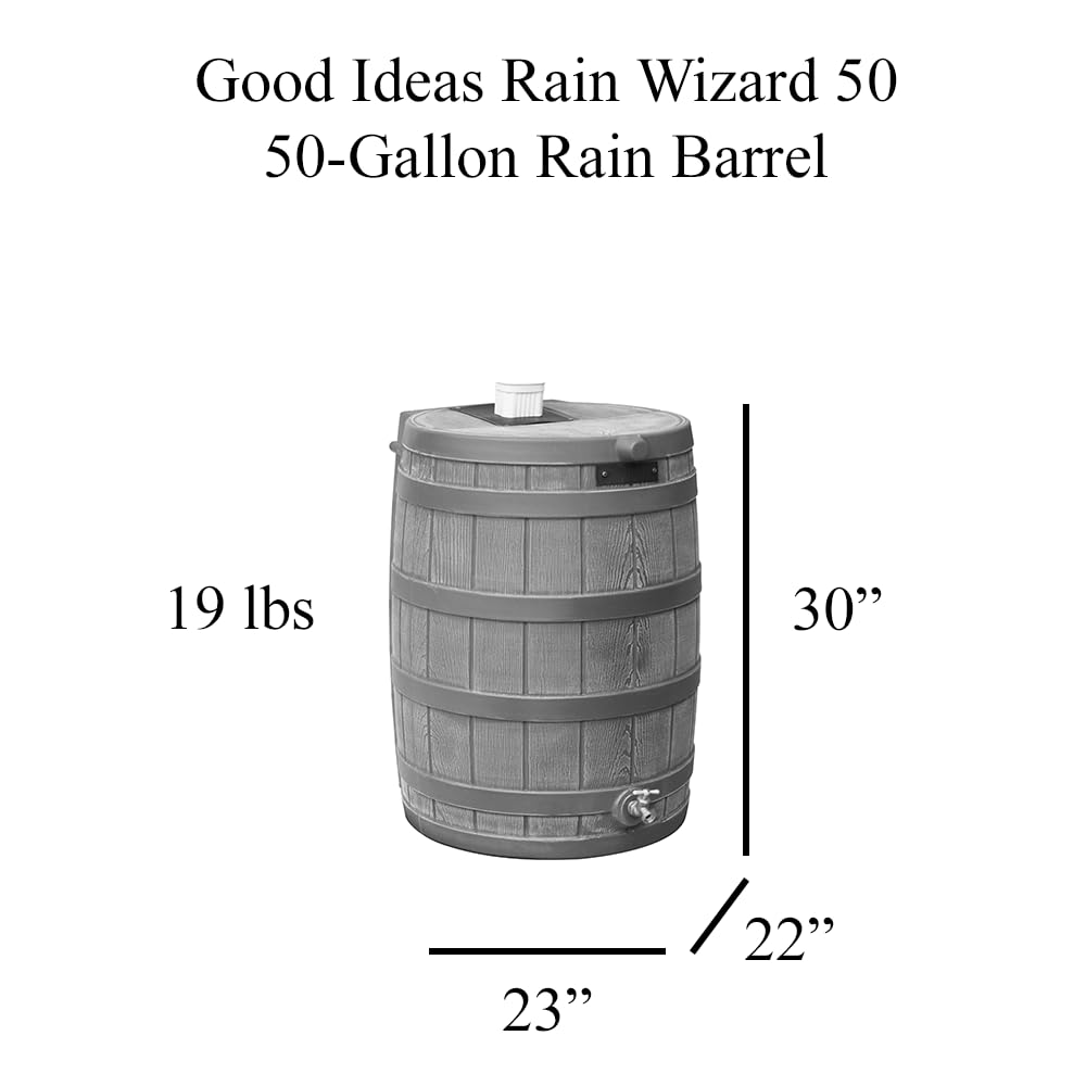 Good Ideas Rain Wizard 50 Gallon Plastic Rain Barrel for Outdoor Rainwater Collection and Storage Features a Metal Spigot and Flat Back Design, Oak