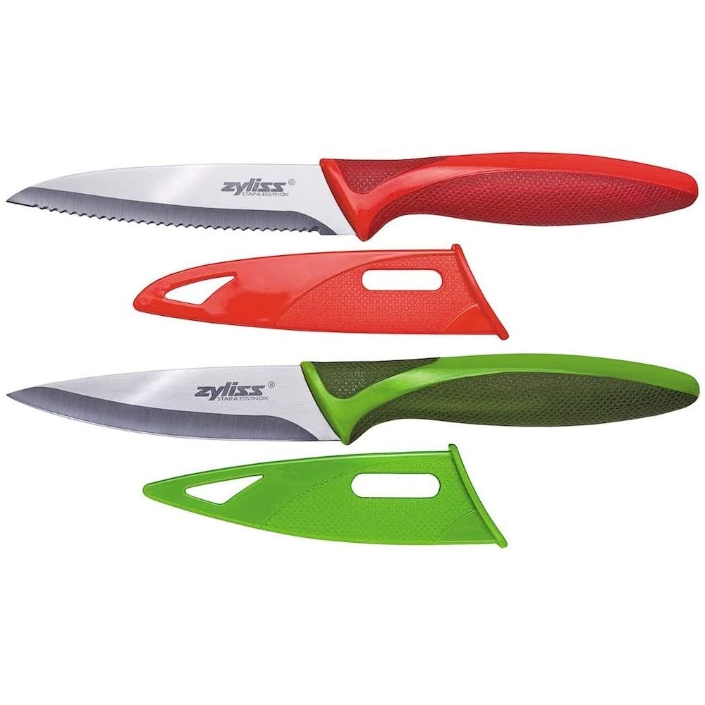 Zyliss Classic Paring Knife Set with Sheath Cover - Precision Knife for Cutting, Slicing & Peeling - Small Culinary 3 ¼” Paring Knife & 3 ¾” Serrated Knife - Carbon Stainless Steel Blade - Red/Green