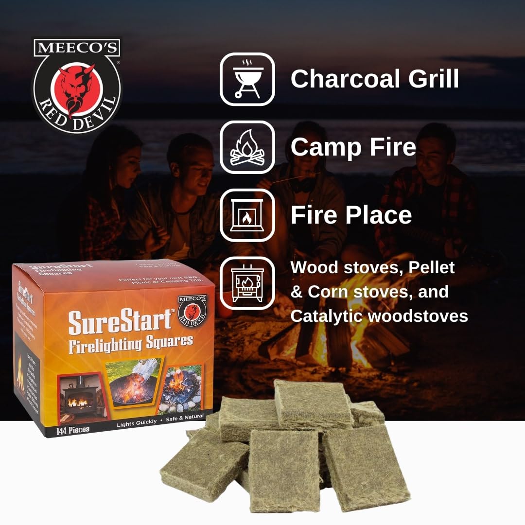 MEECO'S RED DEVIL Surestart® Firelighting Squares Pack of 144 - Quick Lighting for Indoor/Outdoor Fireplaces, Wood Stoves, Pellet Stoves, Campfires, Fire Pits, Smoker Grills, & Pizza Ovens