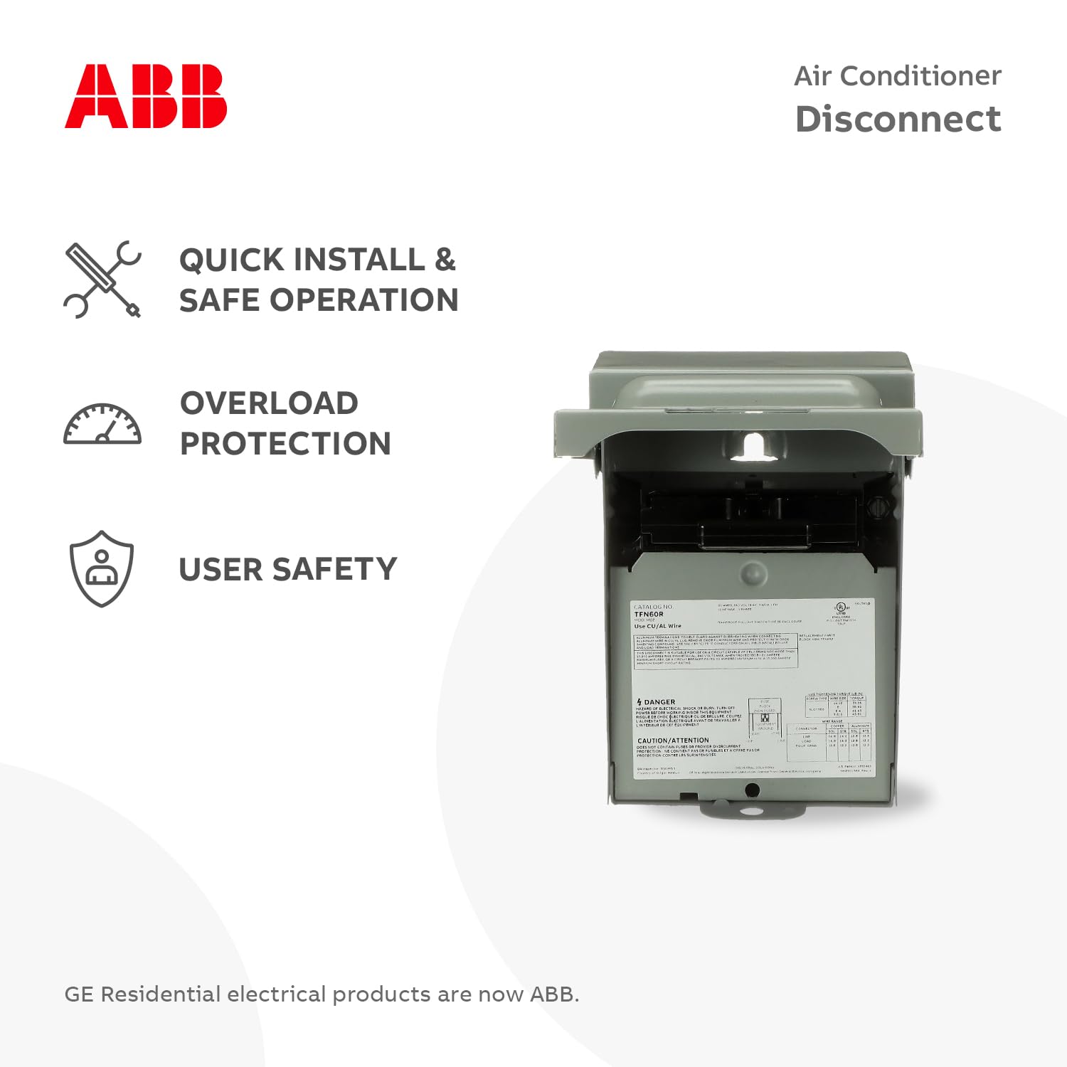 ABB TFN60RCP • Weatherproof Non-Fused AC Disconnect Switch • AC Disconnect 60A 240V • 1 Phase N3R • Horsepower Rated • 10kAIC