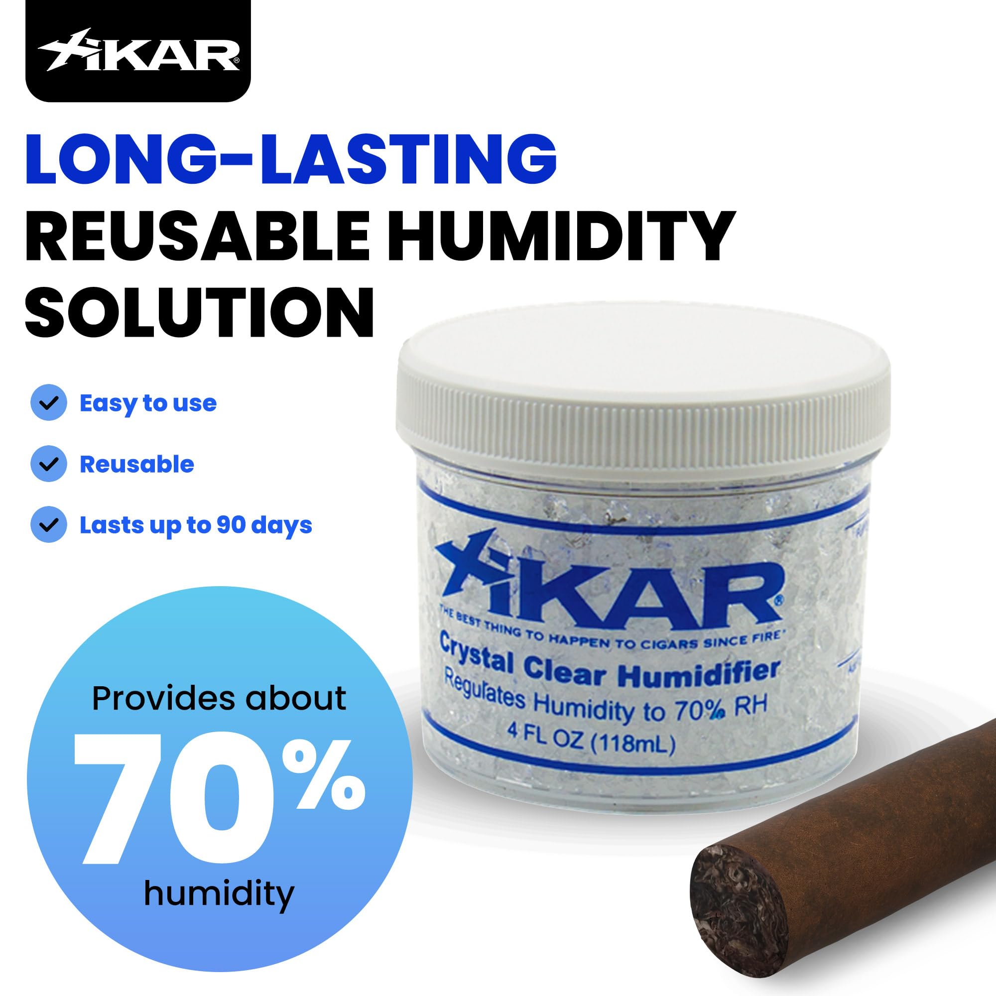 XIKAR Crystal Gel Humidifier Jar for Cigar Humidors, 4oz - Reusable Crystals for Premium Cigar Humidification - Regulates 70% Relative Humidity and Lasts up to 90 Days, Ideal for 150 Cigars