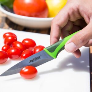 Zyliss Classic Paring Knife Set with Sheath Cover - Precision Knife for Cutting, Slicing & Peeling - Small Culinary 3 ¼” Paring Knife & 3 ¾” Serrated Knife - Carbon Stainless Steel Blade - Red/Green