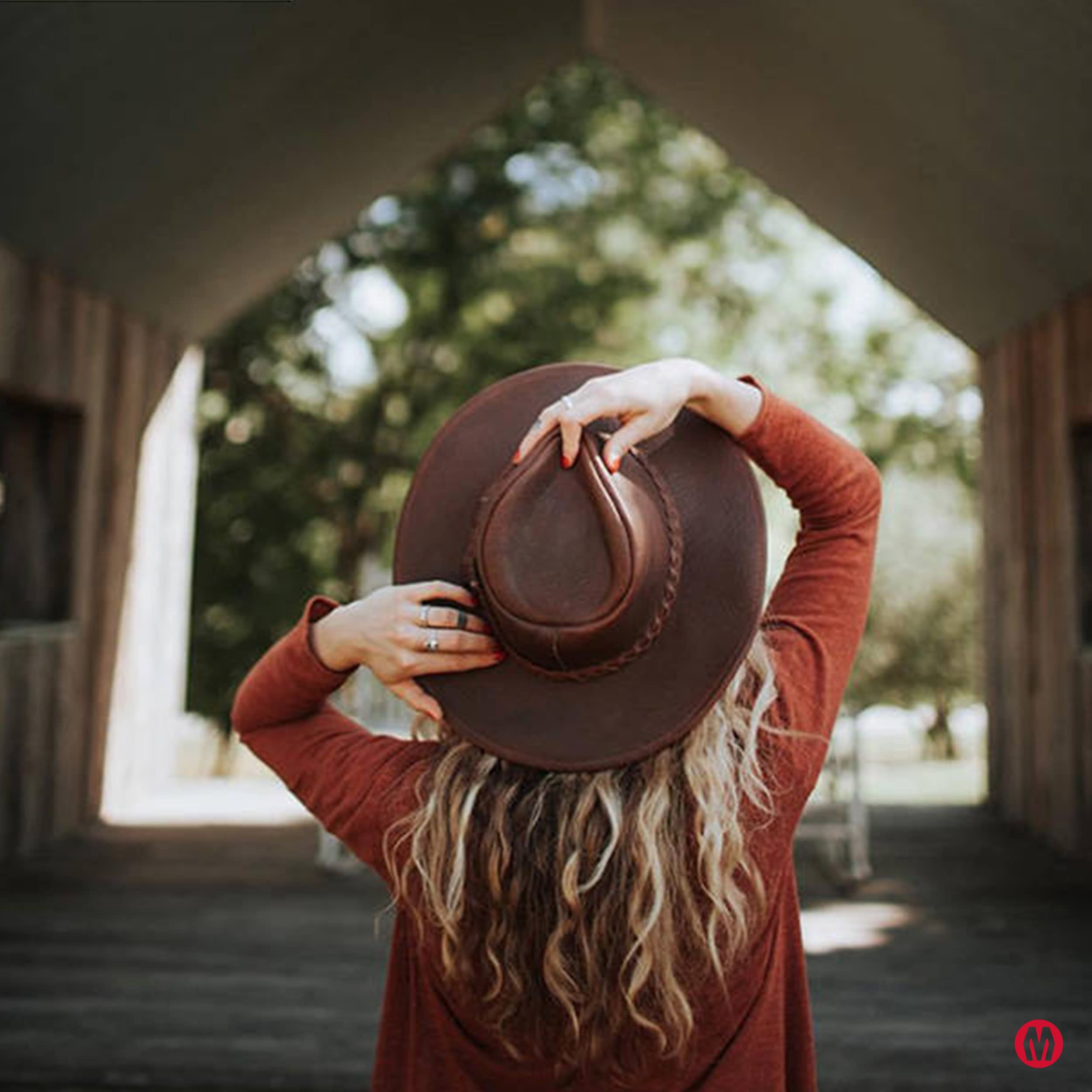 Minnetonka Outback Hat - Flat Brimmed Cowboy Hat for Men and Women Made with Distressed Ruff Leather, Hidden Steel Wire in Brim, and Subtle Leather-Braided Accent, Medium-Brown