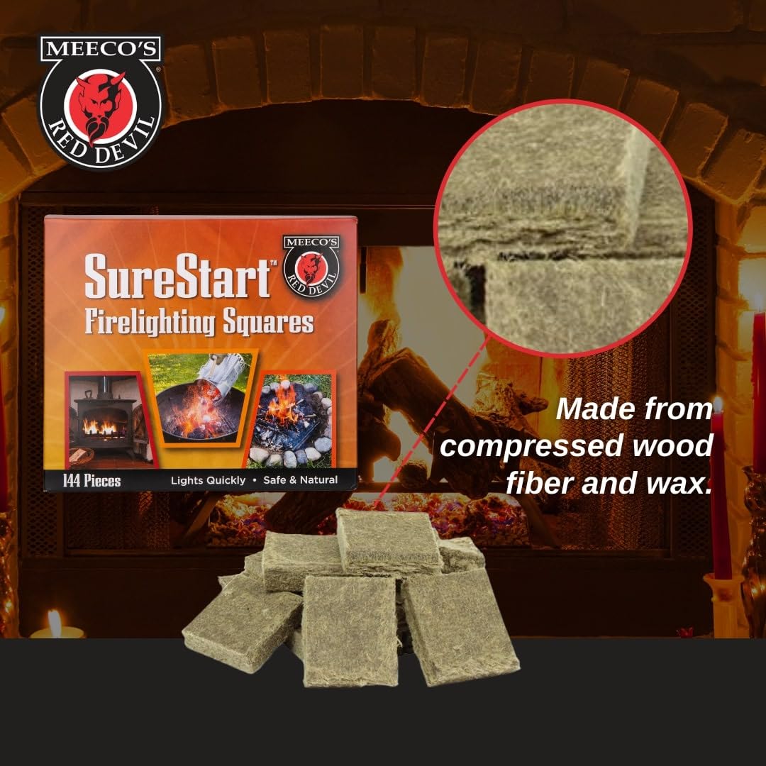 MEECO'S RED DEVIL Surestart® Firelighting Squares Pack of 144 - Quick Lighting for Indoor/Outdoor Fireplaces, Wood Stoves, Pellet Stoves, Campfires, Fire Pits, Smoker Grills, & Pizza Ovens