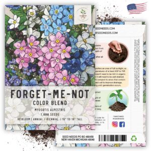 Seed Needs, Mixed Forget Me Not Seeds - 1,000 Heirloom Seeds for Planting Myosotis alpestris - Pink Blue & White Blooms, Open Pollinated & Pollinator Friendly (1 Pack)