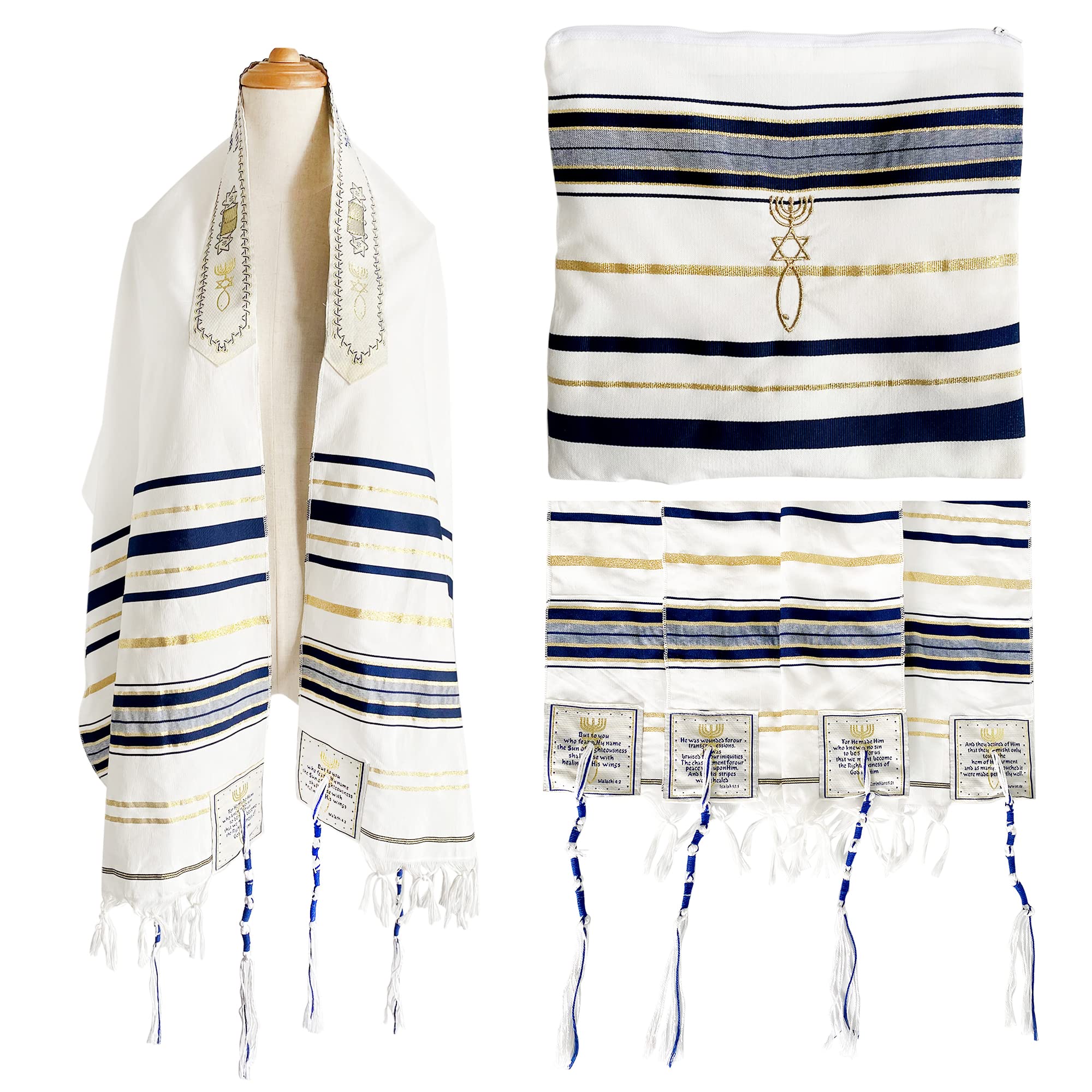 Holy Land Market New Covenant Messianic Prayer Shawl Tallit 72" X 22" with Bag, Card and Brochure From Israel (One Tallit)