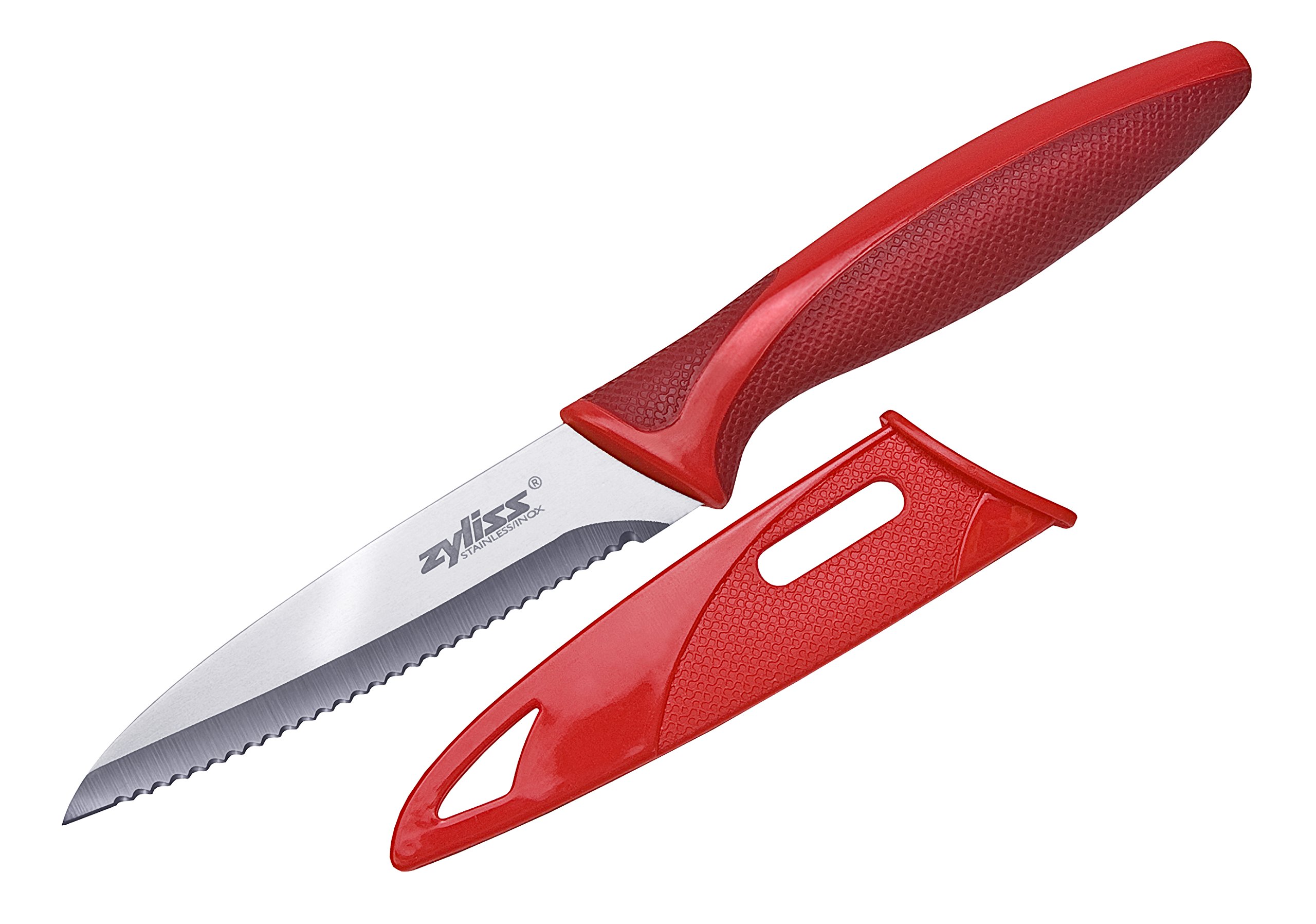 Zyliss Classic Paring Knife Set with Sheath Cover - Precision Knife for Cutting, Slicing & Peeling - Small Culinary 3 ¼” Paring Knife & 3 ¾” Serrated Knife - Carbon Stainless Steel Blade - Red/Green