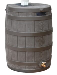 good ideas rain wizard 50 gallon plastic rain barrel for outdoor rainwater collection and storage features a metal spigot and flat back design, oak