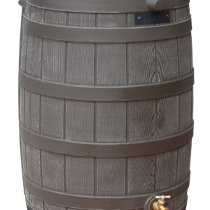 Good Ideas Rain Wizard 50 Gallon Plastic Rain Barrel for Outdoor Rainwater Collection and Storage Features a Metal Spigot and Flat Back Design, Oak