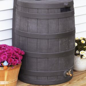 Good Ideas Rain Wizard 50 Gallon Plastic Rain Barrel for Outdoor Rainwater Collection and Storage Features a Metal Spigot and Flat Back Design, Oak