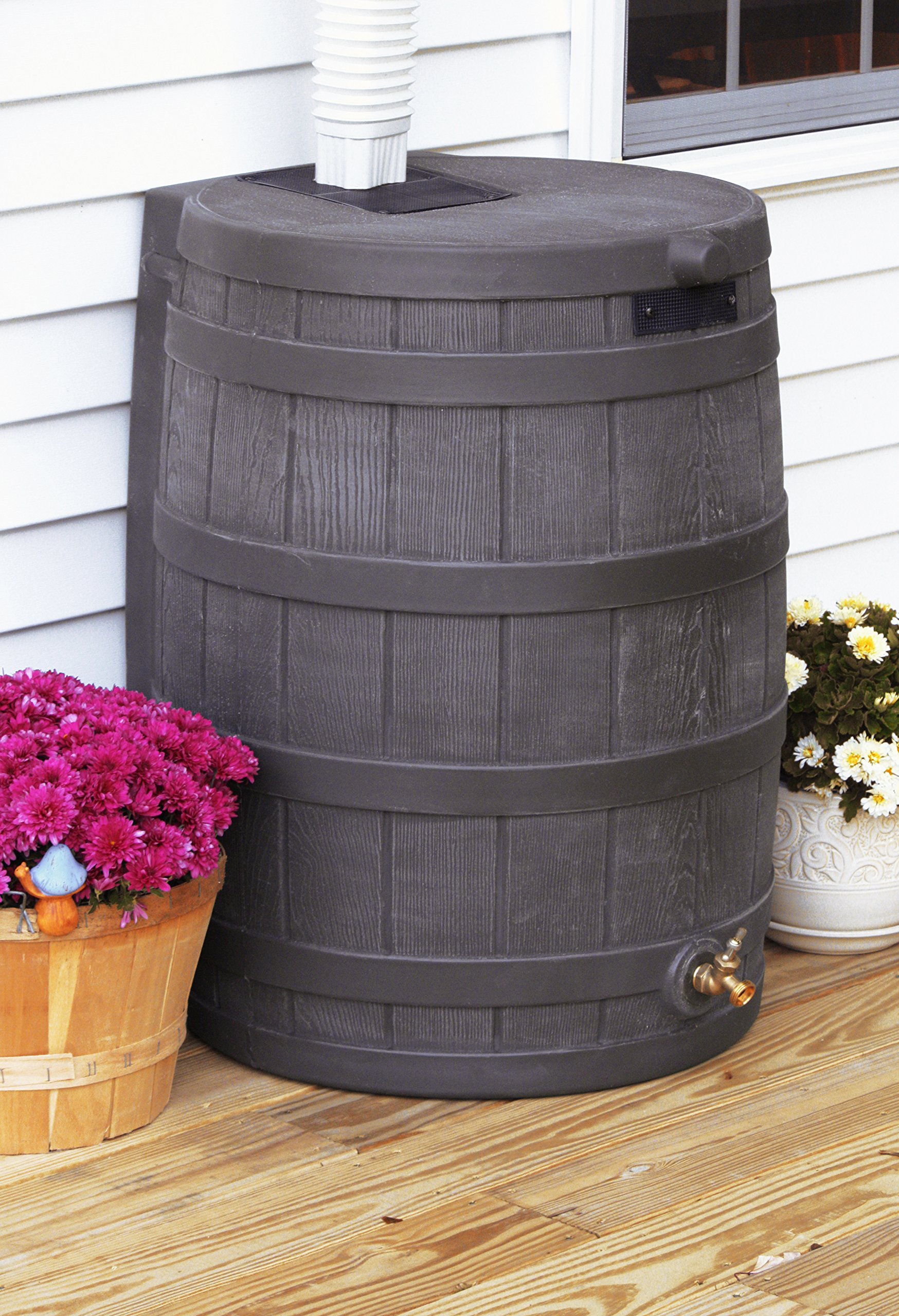 Good Ideas Rain Wizard 50 Gallon Plastic Rain Barrel for Outdoor Rainwater Collection and Storage Features a Metal Spigot and Flat Back Design, Oak