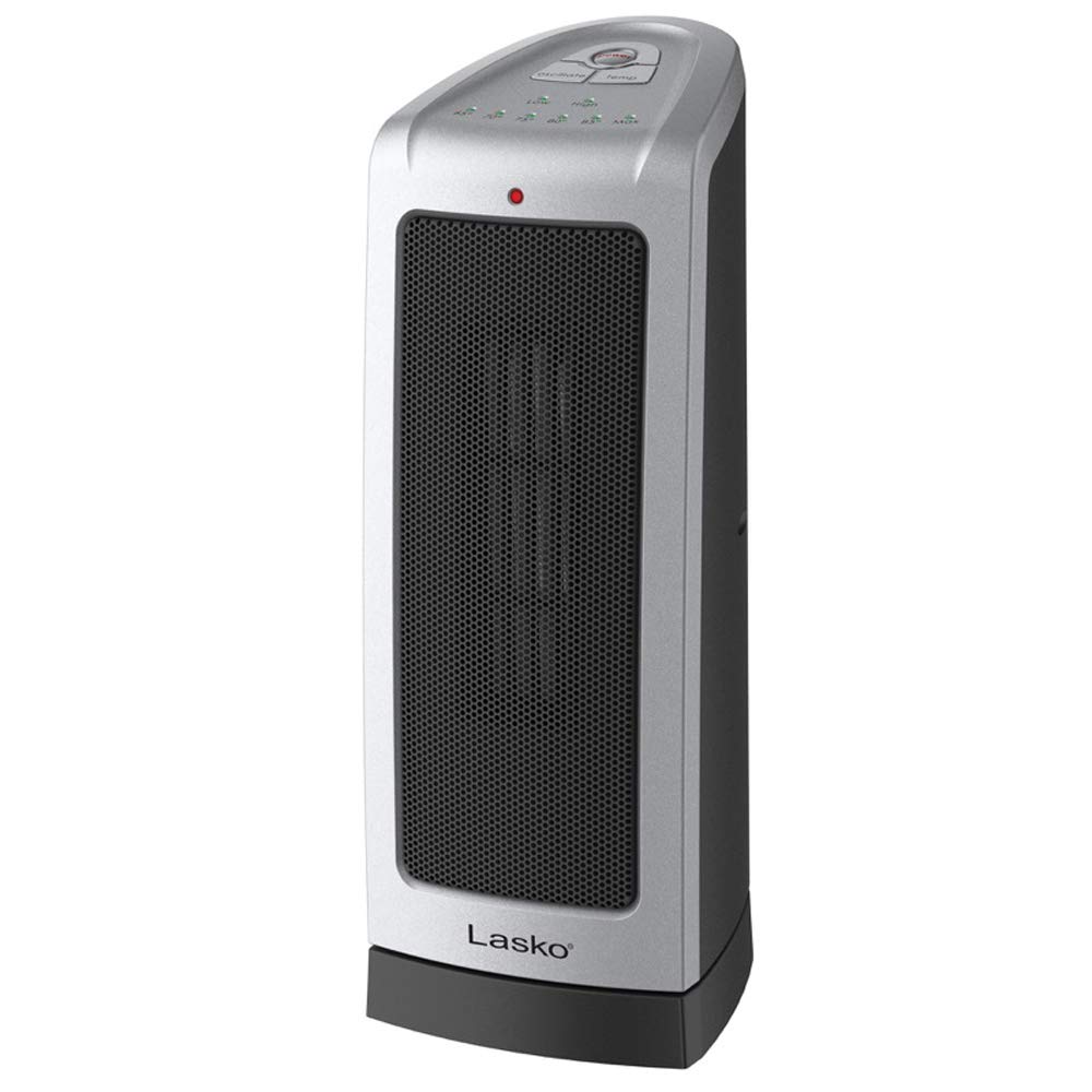 Lasko Oscillating Ceramic Tower Space Heater for Home with Adjustable Thermostat, 2-Speeds, 16 Inches, Silver, 1500W, 5309