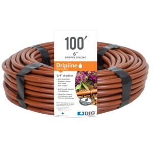 DIG ¼” 100’ MICROLINE™ Dripline - Enhanced 6” Emitter Spacing, UV-Resistant, Perfect for Diverse Garden Layouts (Brown) SHB106