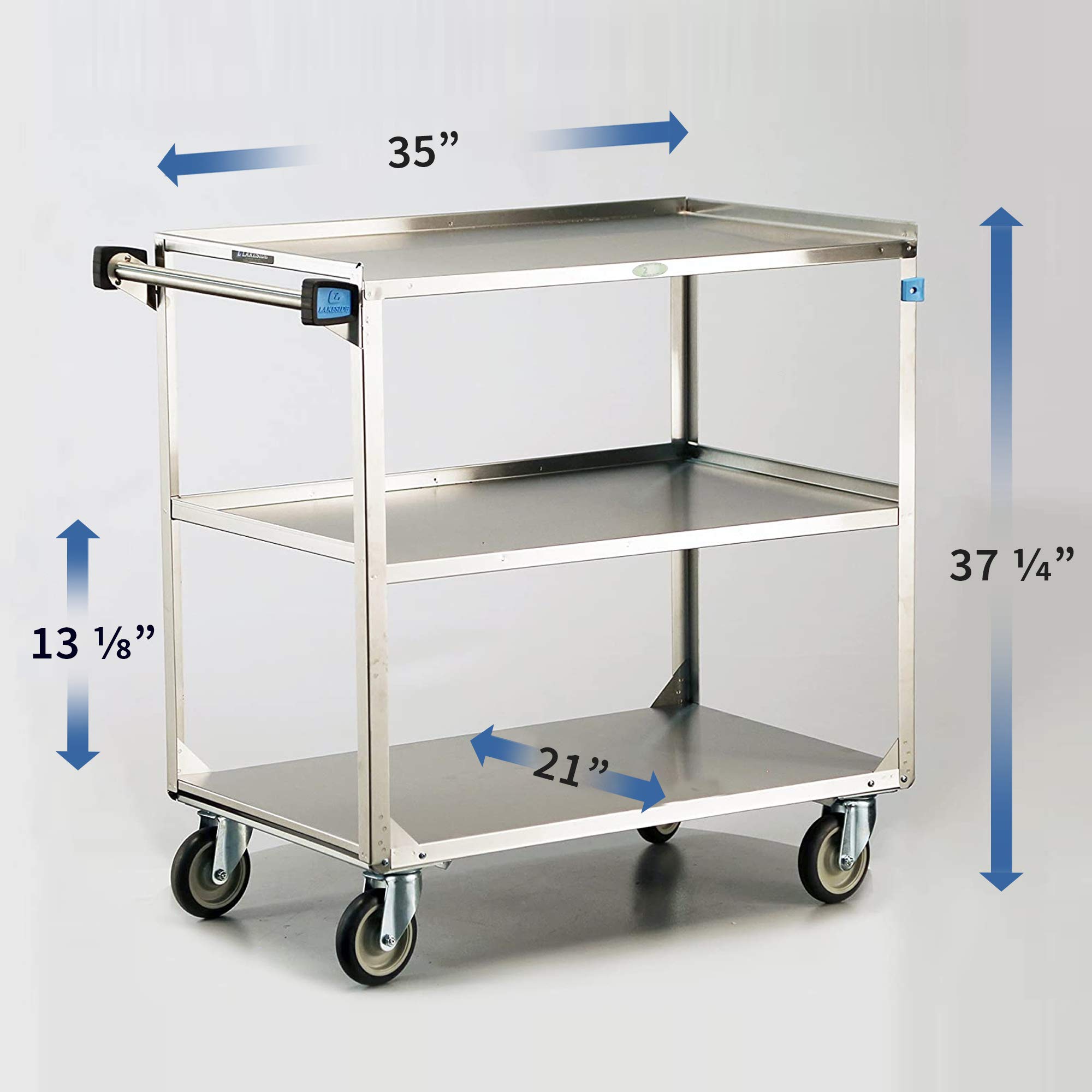 Lakeside 444 Heavy Duty Utility Cart, 3 Shelves, Stainless Steel, 500 lb. Capacity, 22-3/8" x 39-1/4" x 37-1/4"