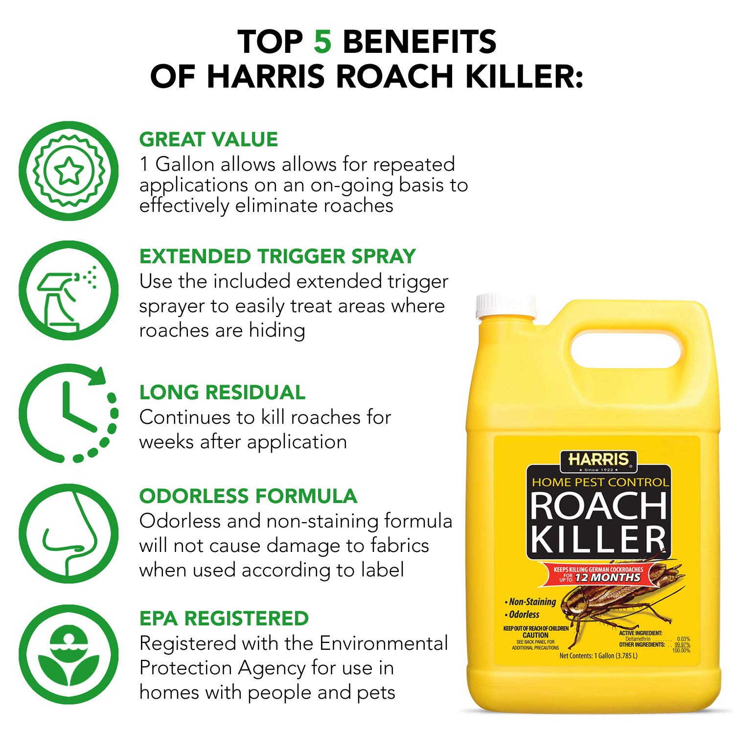 Harris Roach Killer, Liquid Spray with Odorless and Non-Staining 12-Month Extended Residual Kill Formula (Gallon)