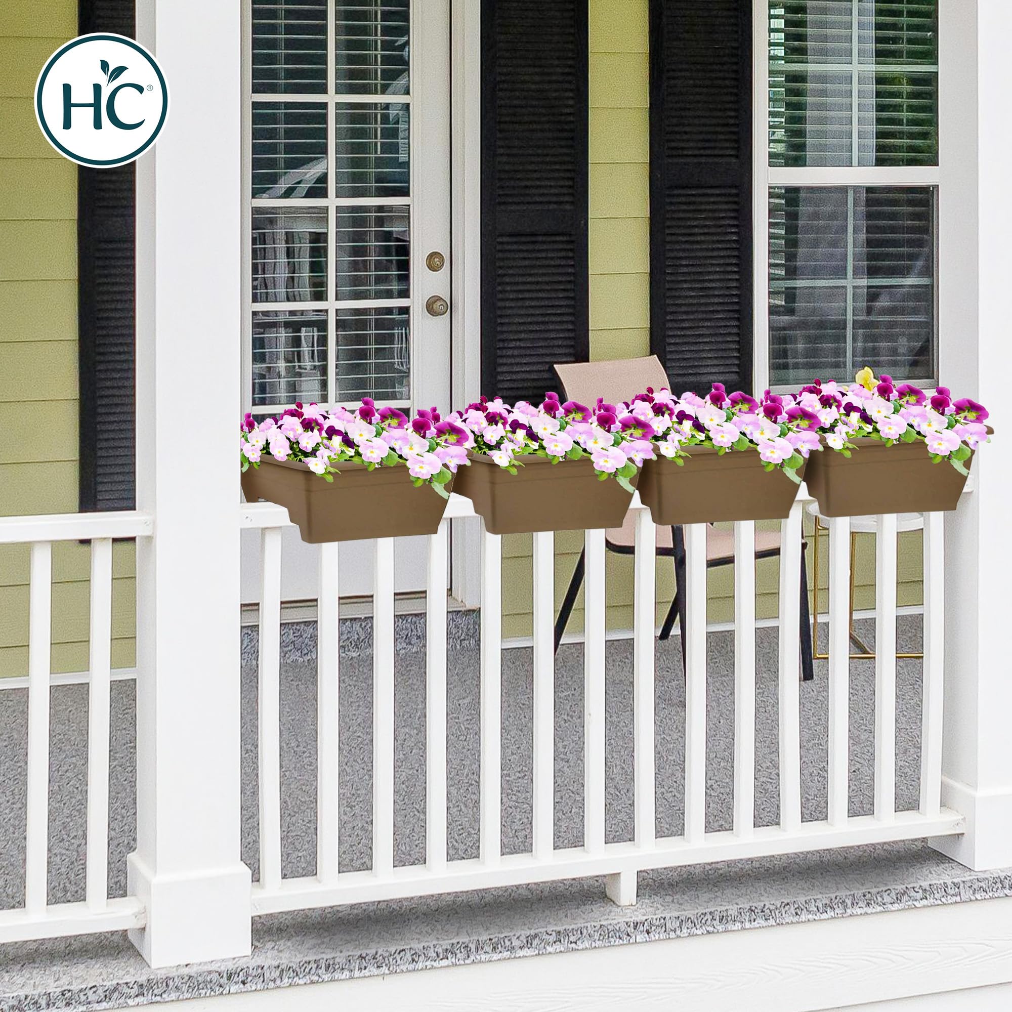 The HC Companies 24 Inch Deck Railing Planter Box - Decorative Lightweight Weatherproof Plastic Plant Pot for Outdoor Balcony, Porch, Garden, Fence, Chocolate