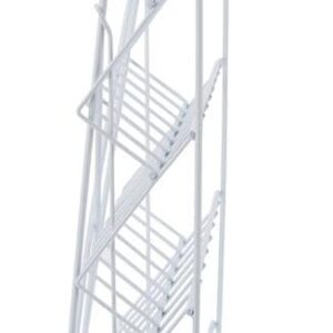 Displays2go Wire Magazine Rack with 6 Open Tiers, Holds Both Magazines and Brochures, Includes Sign Channel at the Front - White Wire