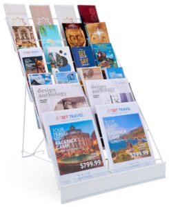 displays2go wire magazine rack with 6 open tiers, holds both magazines and brochures, includes sign channel at the front - white wire