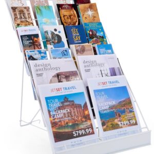 Displays2go Wire Magazine Rack with 6 Open Tiers, Holds Both Magazines and Brochures, Includes Sign Channel at the Front - White Wire