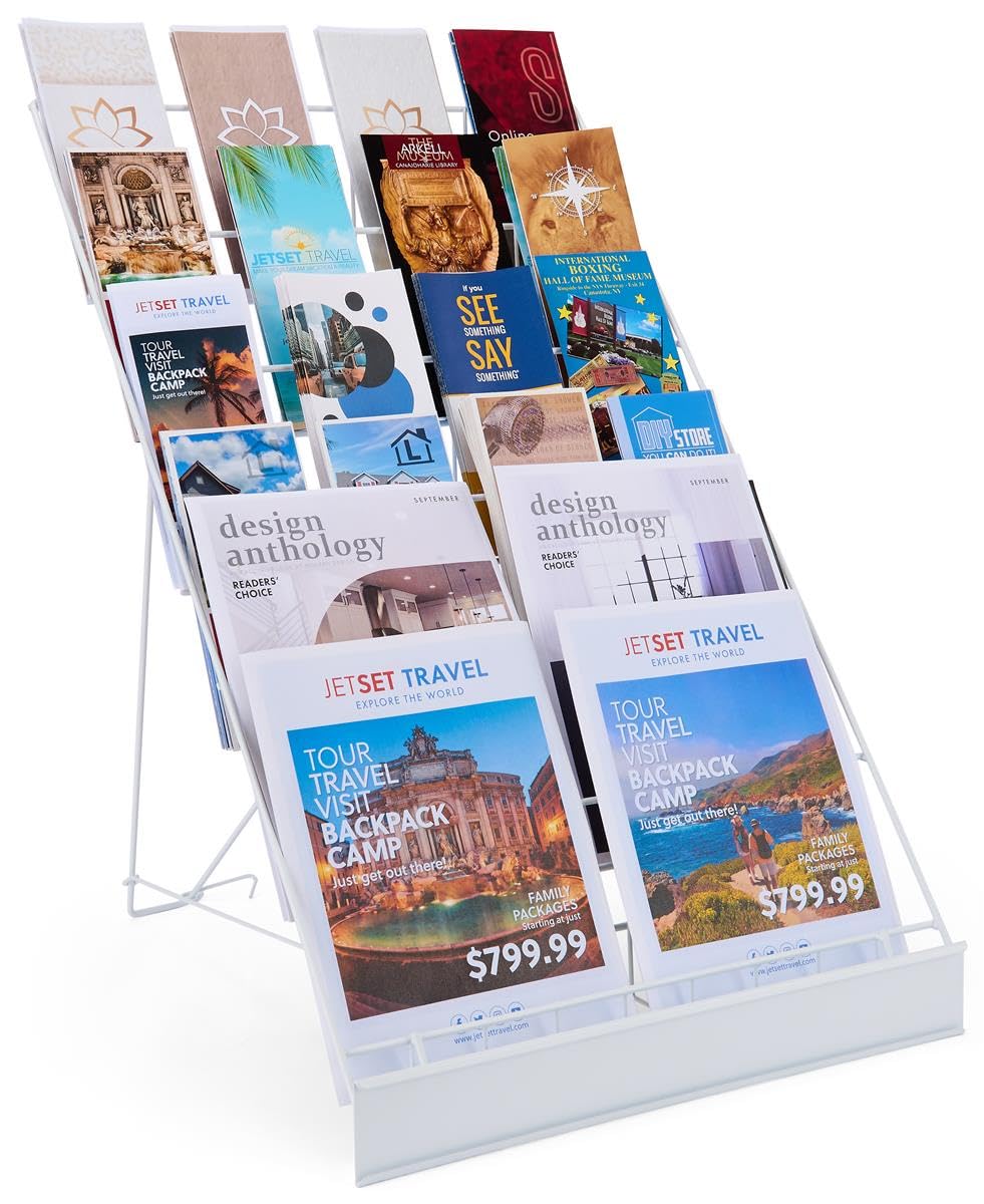 Displays2go Wire Magazine Rack with 6 Open Tiers, Holds Both Magazines and Brochures, Includes Sign Channel at the Front - White Wire