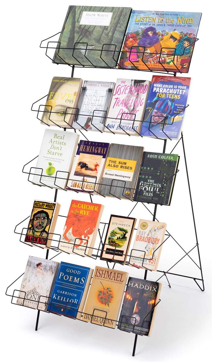 Set of Two - Display Rack for Books, DVDs, Greeting Cards, etc, 22-1/2 x 24 x 44-1/2 Inch, Gloss Black Wire, Floor-Standing Fixture, Sign Slot