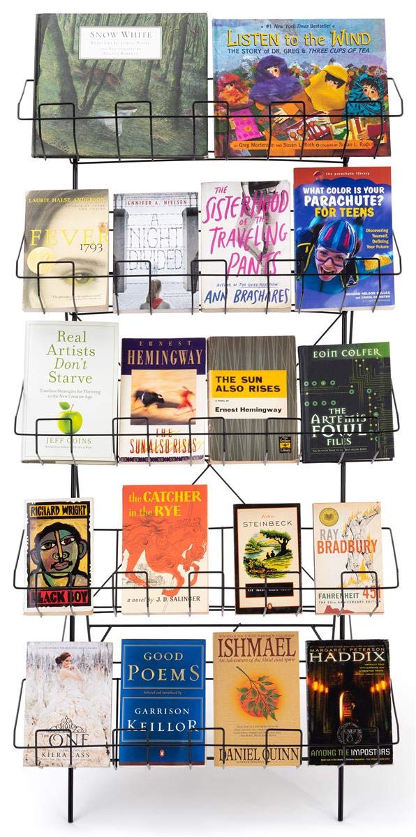 Set of Two - Display Rack for Books, DVDs, Greeting Cards, etc, 22-1/2 x 24 x 44-1/2 Inch, Gloss Black Wire, Floor-Standing Fixture, Sign Slot