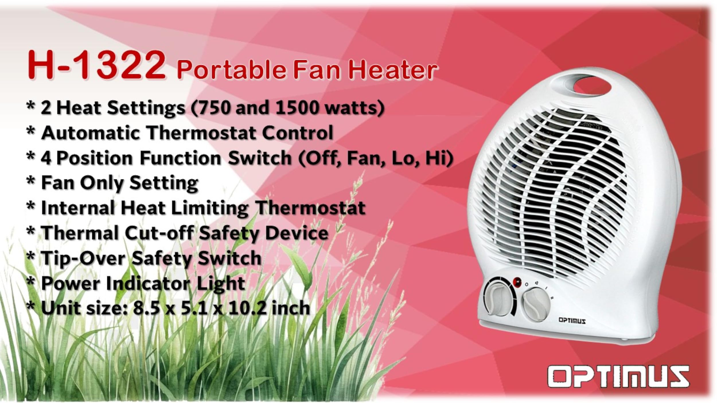 Optimus H-1322 Portable 2-Speed Fan Heater with Thermostat , White