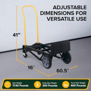 Harper Trucks Heavy Duty Nylon Frame Convertible Hand Truck Dolly Cart with Adjustable Telescopic Frame and Pneumatic Wheels, Black