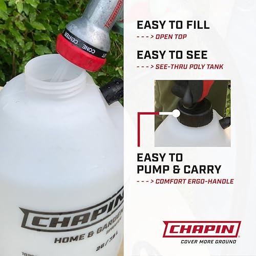 Chapin 16200 2-Gallon Made in USA Garden Pump Sprayer with Ergonomic Handle, Trigger Shut Off, Adjustable Cone Nozzle and in-Tank Filter, for Spraying Weeds, Insects, Fertilizers, Translucent White