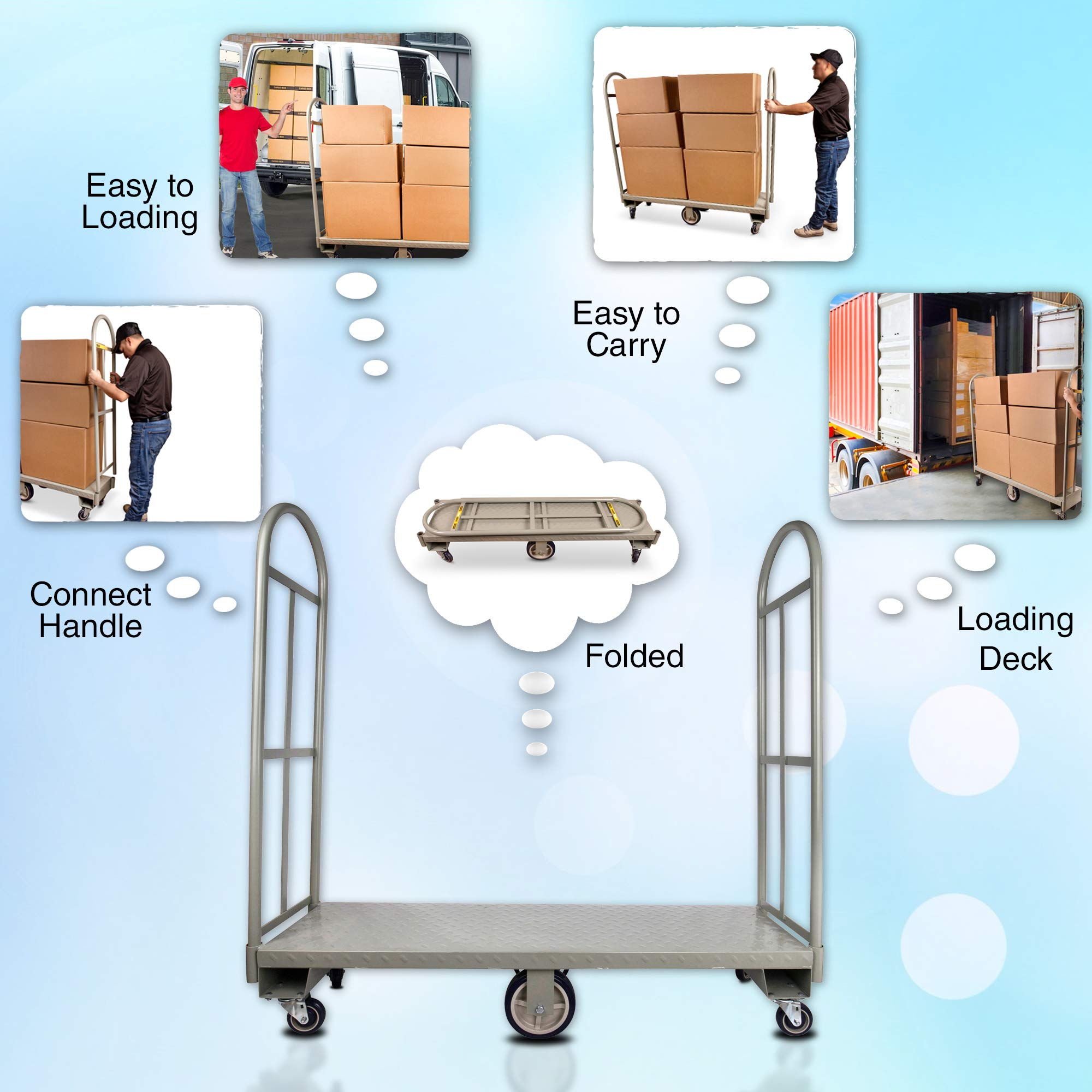 Heavy Duty, Narrow Aisle U-Boat Platform Truck Dolly, 16x60 Steel Deck, 2000 Lbs. Capacity