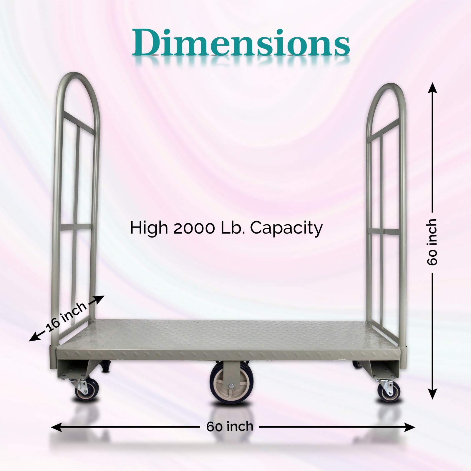 Heavy Duty, Narrow Aisle U-Boat Platform Truck Dolly, 16x60 Steel Deck, 2000 Lbs. Capacity