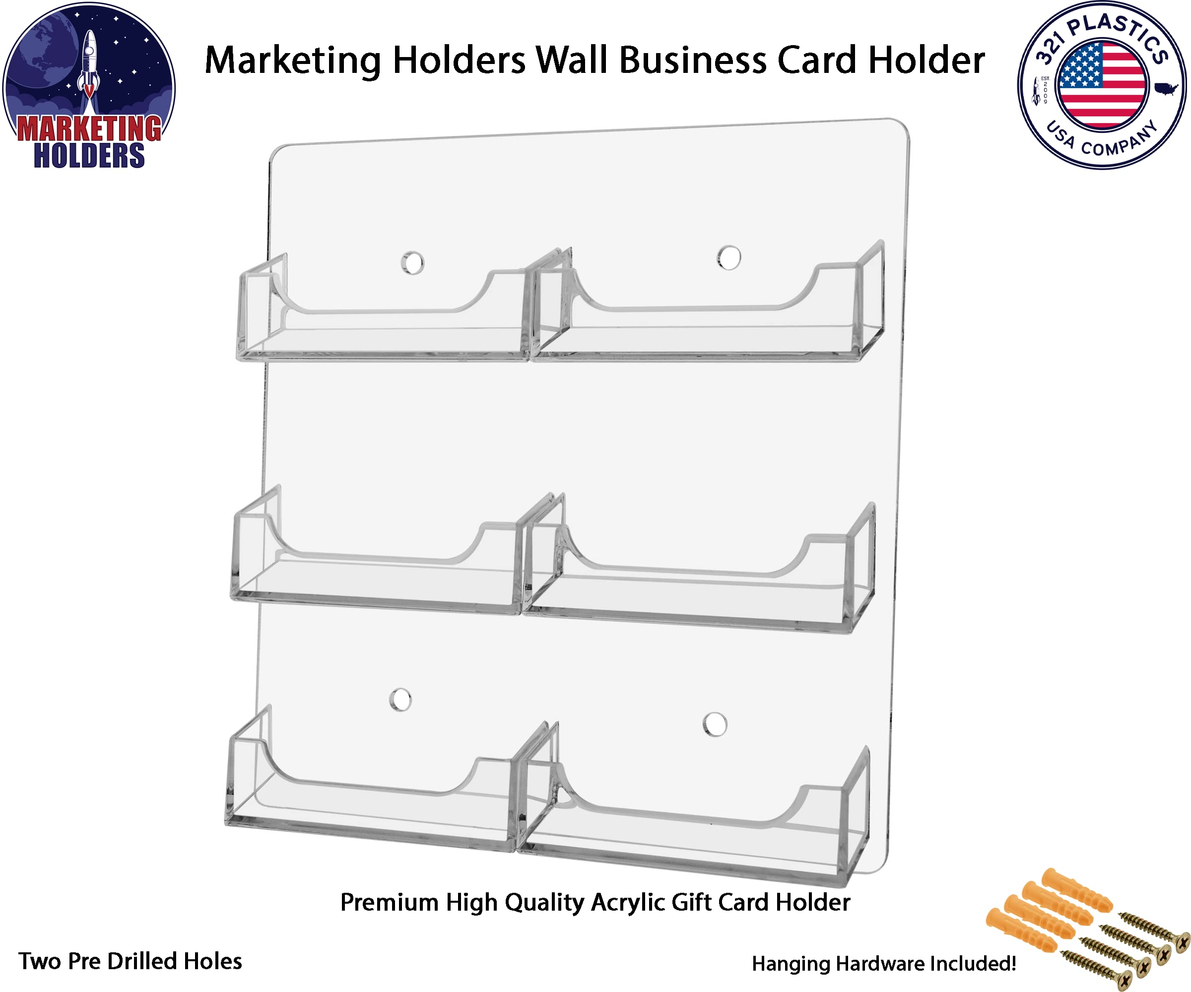 Marketing Holders Wall Business Card Holder with Hanging Hardware for 3.5" x 2" Horizontal Gift or Appointment Cards 6 Pocket Clear Acrylic Take One ID Badge Display Rack