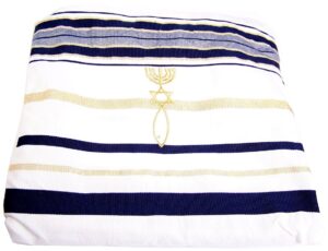 holy land market mens messianic shawl/tallit - the messiah tallit navy blue/gold