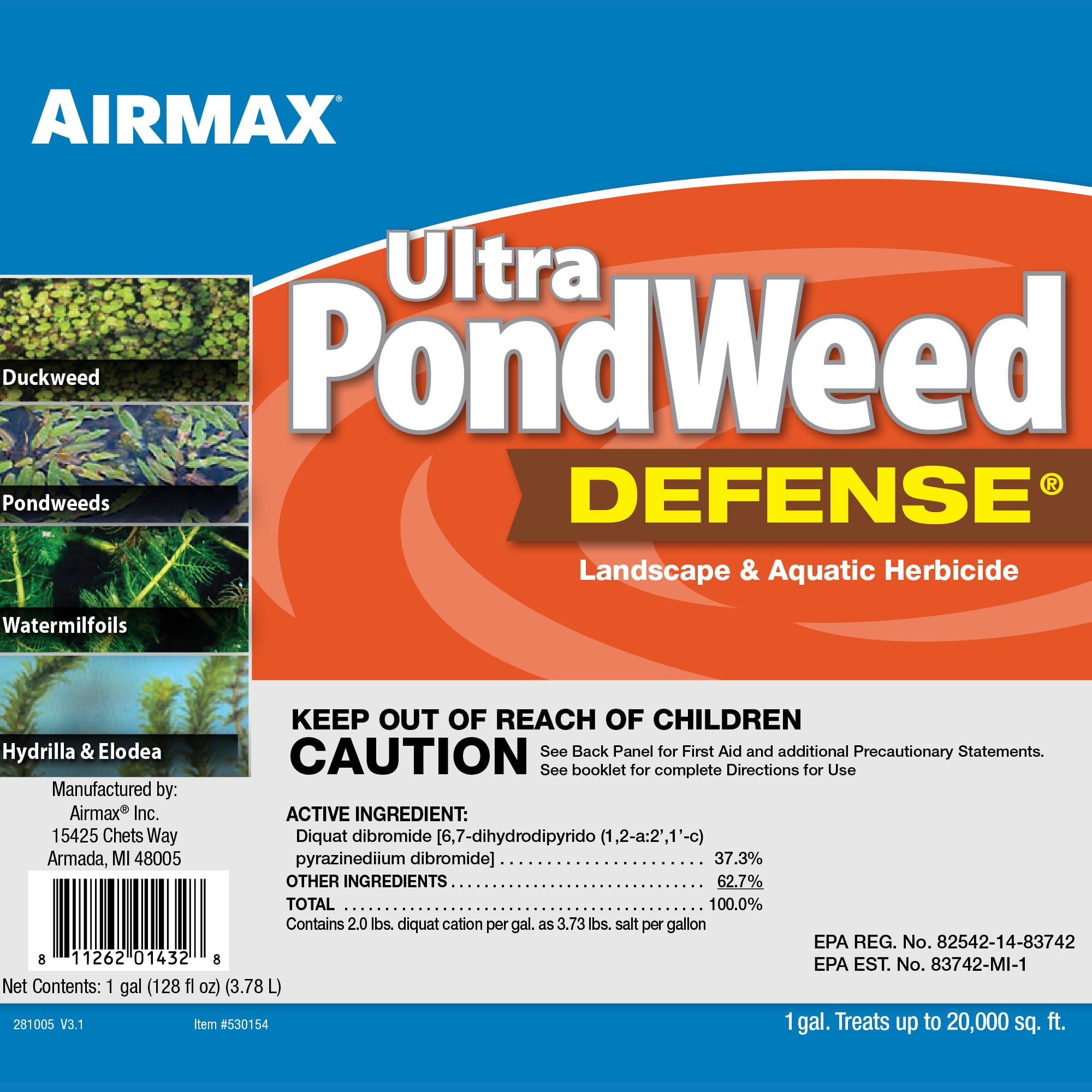 Airmax Ultra Pondweed Defense Aquatic Weed & Plant Killer, Easy Spray Application to Clean & Clear Large Pond & Lake Water, Liquid Treatment Control Concentrate, Fish Safe, 1 Quart