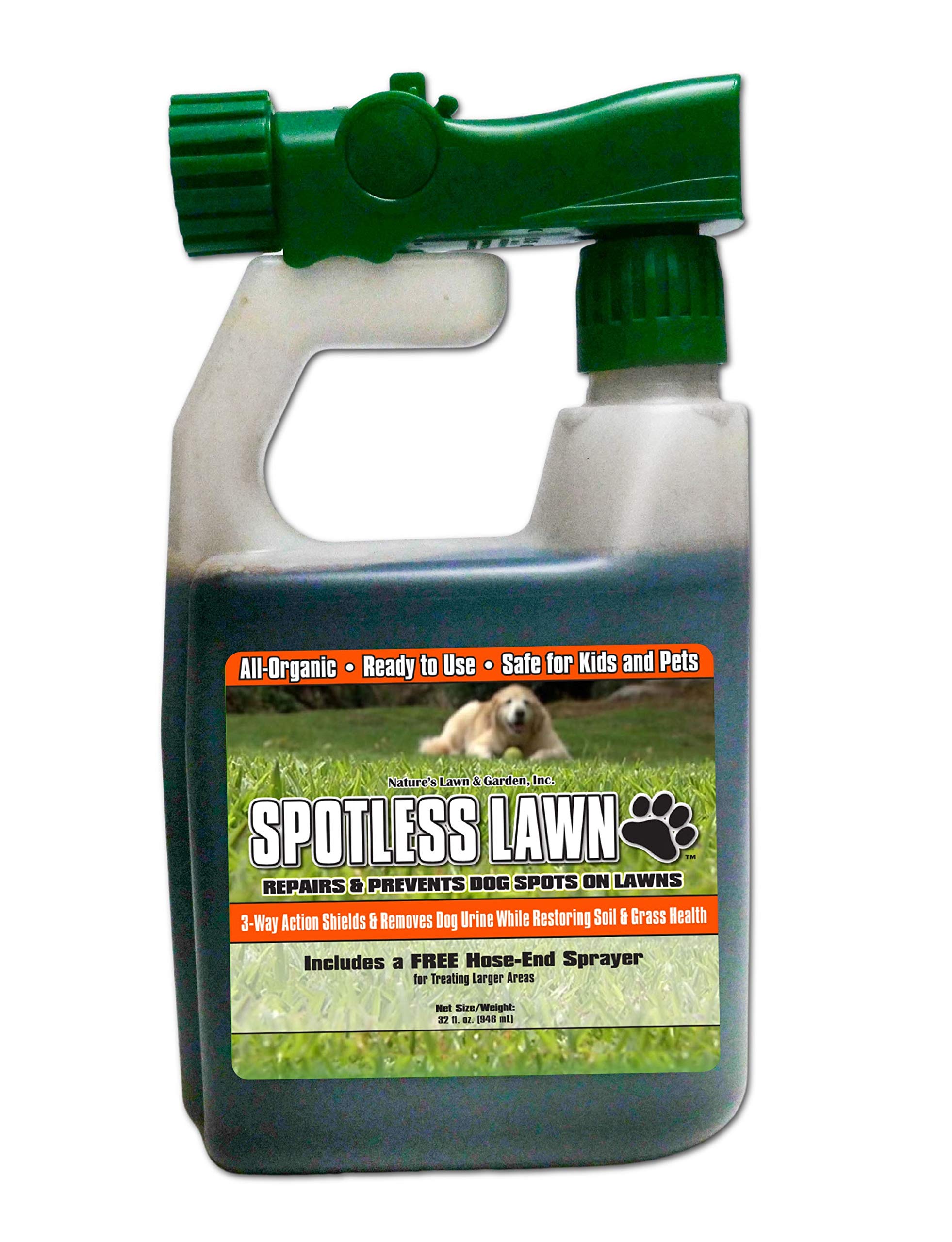 Nature’s Lawn & Garden - Spotless Lawn Dog Spot Aid - Revive and Protect Your Lawn from Dog Urine Burn - Remediate Spills and Road Salt Damage - Pet Safe - 1 Qt w/ Hose-end Sprayer